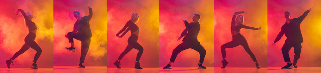 Collage of young couple, boy and girl dancing hip-hop isolated over gradient pink yellow background...