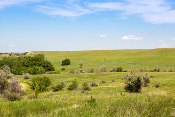 Blue sky and hill with green meadow. Rural area. Image for nature websites. Selective focus.