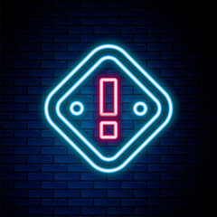 Glowing neon line Exclamation mark in triangle icon isolated on brick wall background. Hazard warning sign, careful, attention, danger warning important sign. Colorful outline concept. Vector