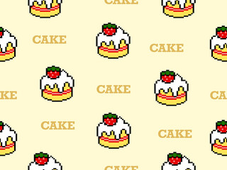 Cake cartoon character seamless pattern on yellow background.Pixel style