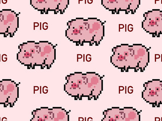Pig cartoon character seamless pattern on pink background.Pixel style