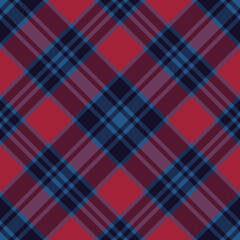 Check plaid pattern in blue and red. Seamless herringbone textured large dark diagonal plaid background for flannel shirt, blanket, duvet cover, other modern autumn winter fashion textile print.