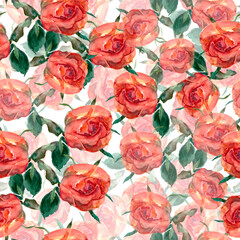 Background with watercolor flowers rose. Floral seamless pattern on white background. 
