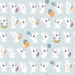 Vector seamless pattern with cute little white bunnies isolated. Nursery design, flat simple cartoon style. For banners, children cards, packaging papers, prints etc.