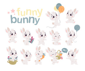 Fototapeta premium Collection of cute little white baby bunny with balloons, sit, jump, carry gift, basket, carrot isolated. Hare character bundle. Vector flat illustration for cards, kid prints, banners design.