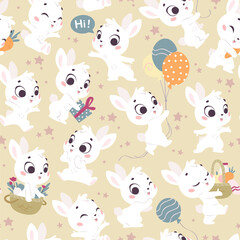 Naklejka premium Vector seamless pattern with cute little white bunnies isolated. Nursery design, flat simple cartoon style. For banners, children cards, packaging papers, prints etc.