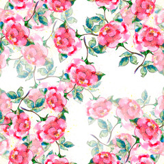 Background with watercolor flowers rose. Floral seamless pattern on white background. 