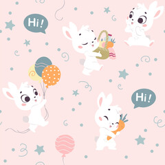 Vector seamless pattern with cute little white bunnies isolated. Nursery design, flat simple cartoon style. For banners, children cards, packaging papers, prints etc.