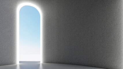 Interior background light arched opening in empty room 3d rendering