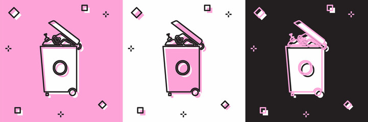 Set Trash can icon isolated on pink and white, black background. Garbage bin sign. Recycle basket icon. Office trash icon. Vector Illustration