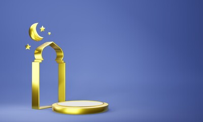 Gold islamic product display mock up on blue background. ramadan, eid fitr adha, mawlid concept, 3D rendering illustration.