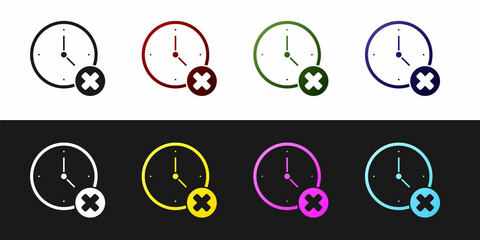 Set Clock delete icon isolated on black and white background. Time symbol. Vector