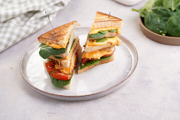 American homemade tall hot grilled cheese sandwich with tofu, cheddar, tomato slices and spinach on white scandi plate cut in triangles. Italian Tramezzini