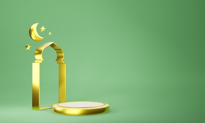 Gold islamic product display mock up on green background. Ramadan, eid fitr adha, mawlid concept, 3D rendering illustration.
