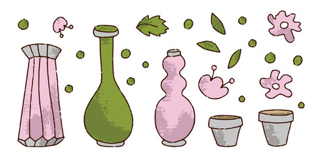 Hand drawn set of vases and flower pots for florist shop in color isolated on white background, concept for sticker, card, banner. Floristry handicraft on white. Hand drawn vector illustration