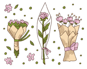 Hand drawn flowers bouquet set for florist shop, rose and camomile in color isolated on white background. Floristry handicraft on white. Flat vector cartoon isolated