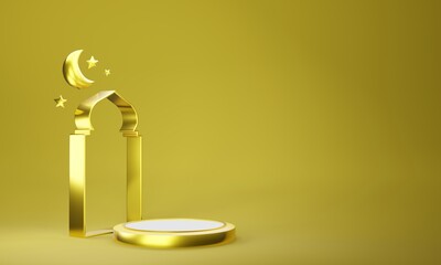 Gold islamic product display mock up on blue background. ramadan, eid fitr adha, mawlid concept, 3D rendering illustration.