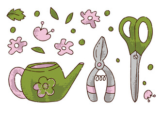 Hand drawn set for florist shop of watering can, scissors, secateurs in color isolated on white background, concept for sticker, card. Floristry handicraft on white. Hand drawn vector illustration