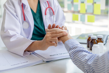 An examination room atmosphere in a hospital where doctors and patients are examining and diagnosing and prescribing medications for symptomatic treatment. The concept of disease diagnosis.