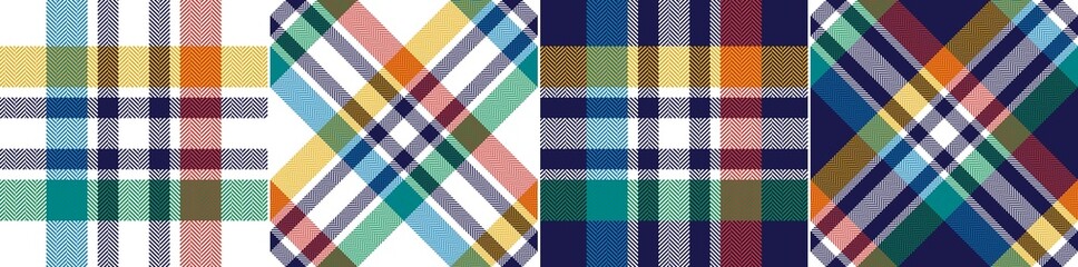 Tartan check plaid pattern in colorful navy blue, blue, green, red, yellow, white. Seamless herringbone rainbow plaid for flannel shirt, scarf, blanket, other spring summer autumn winter textile. - obrazy, fototapety, plakaty