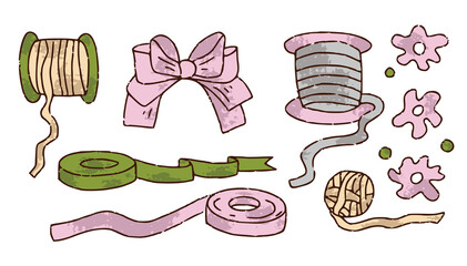 Ribbons set for florist shop, tie bows, twine in color isolated on white background. Floristry handicraft on white. Flat vector cartoon isolated