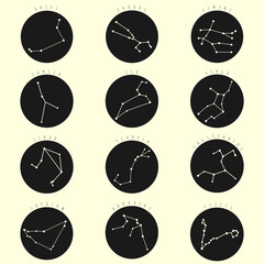 Zodiac constellation. Collection set of 12 zodiac signs for stars with white and black colours. - obrazy, fototapety, plakaty