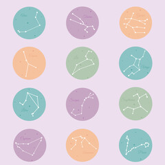 Zodiac constellation. Collection set of 12 zodiac signs for stars with pastele colours. - obrazy, fototapety, plakaty