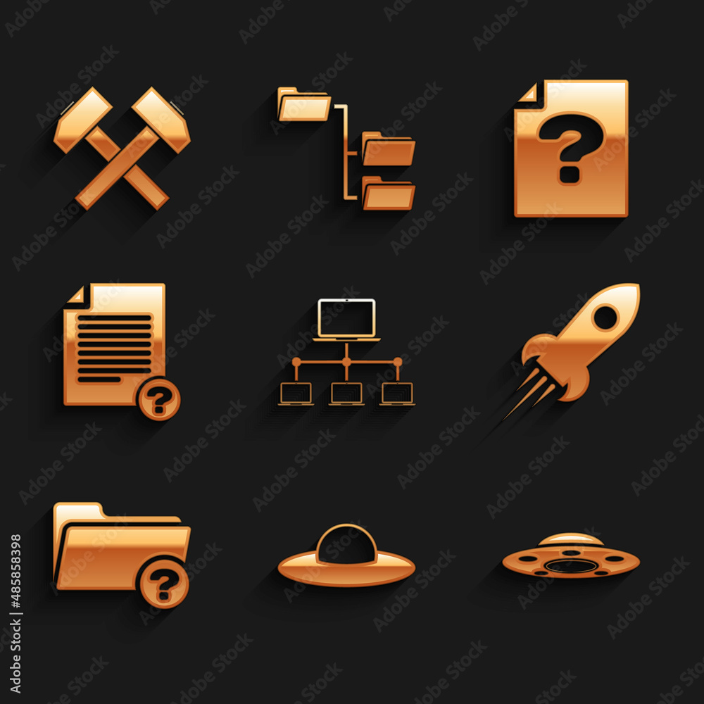 Poster set computer network, ufo flying spaceship, , rocket with fire, unknown directory and document icon.