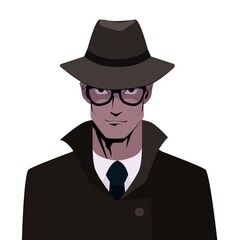 Detective male avatar vector illustration. Film noir character man with hat. cartoon style