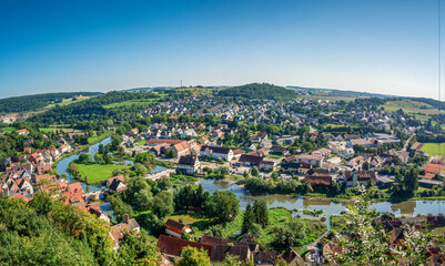Fototapeta na wymiar Panoramic Swabian Old Town from top during a summer day with blue sky background