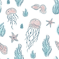 Seamless pattern with jellyfishes, seashells, seaweed, fish and starfishes. Marine life on white background. For printing, fabric, textile, manufacturing, wallpapers. Under the sea