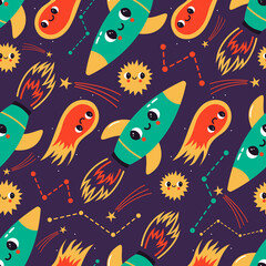 Vector seamless pattern with abstract rocket, comet, constellations and stars. Cartoon cosmic elements with face expression. Background with cute space characters. Can be used for textile, wallpaper