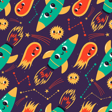 Vector seamless pattern with abstract rocket, comet, constellations and stars. Cartoon cosmic elements with face expression. Background with cute space characters. Can be used for textile, wallpaper © Olga