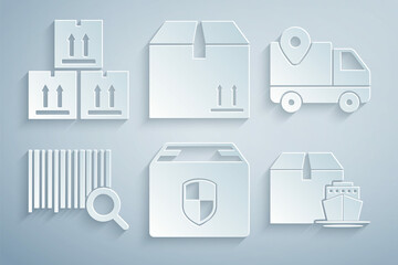 Set Delivery box security shield, tracking, Search barcode, Cargo ship with boxes, Cardboard traffic and icon. Vector