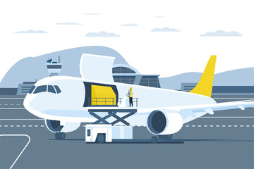 An employee is loading a container onto a сargo airplane. Vector illustration.