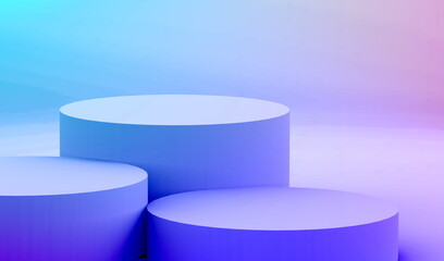 3d purple blue neon light cylinder podium minimal studio gradient dark colors background. Abstract 3d geometric shape object illustration render. Display for nightclub party and technology product.