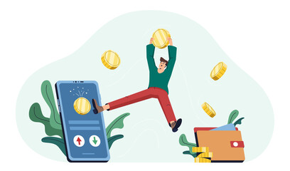 Cashback flat vector illustration. Happy man with golden coins receive cash, get rewards for online shopping. Money transfer from mobile app on e-wallet. Cash back, refund bonus or financial savings.