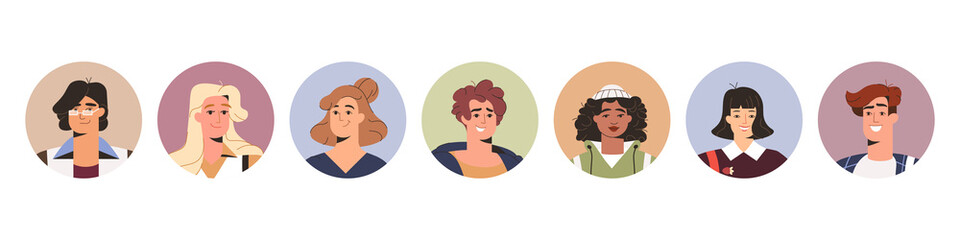 Collection of smiling young people avatar set. Happy man and woman faces at round frame flat vector illustration. Different student characters portrait or joyful teenagers isolated on white background