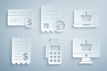 Set POS terminal with credit card, Shopping basket on laptop, Paper check and financial check, Monitor shopping, and Credit dollar icon. Vector