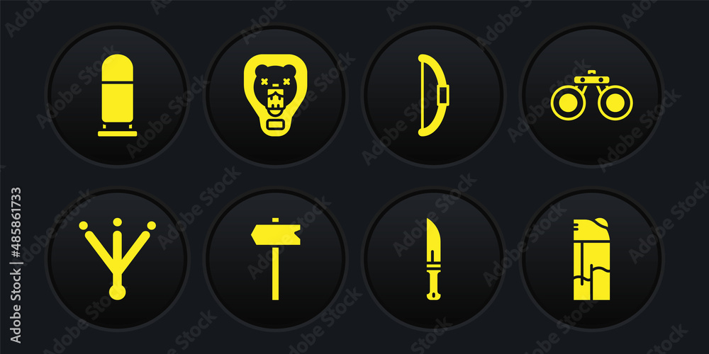 Poster set bird footprint, binoculars, road traffic sign, hunter knife, bow, bear head on shield, lighter a