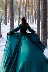 Naklejka premium A young woman in a long dress of emerald color is standing with her back against the background of frozen winter forest. Girl in a romantic image among the pine trees