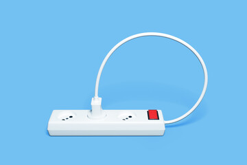 Electric extension cable is connected to itself. Ironic symbol of infinite energy. 3D illustration for error 404 (page not found) with copy space, isolated on blue background.