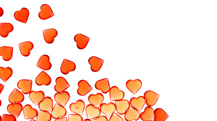 St Valentines day pink background border isolated on white. Many red transparent glass hearts flat lay. Love or wedding concept