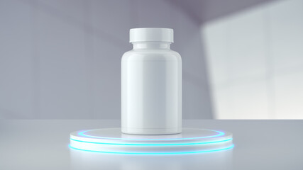 Mockup packaging of vitamin bottles with laboratory background. 3D rendering.