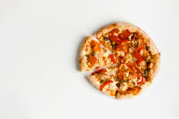 Small mexican pizza in cardboard box for delivery or take away isolated on white