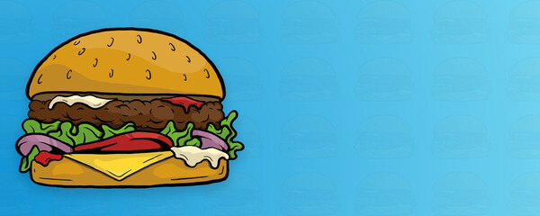 American cheese burger illustration isolated on blue gradient background horizontal banner with text area copy space and place for text