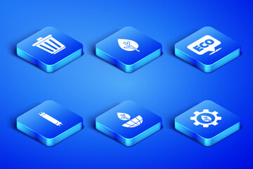 Set Leaf plant in gear machine, Trash can, Earth globe and, Fluorescent lamp, Tree and Label for eco healthy food icon. Vector