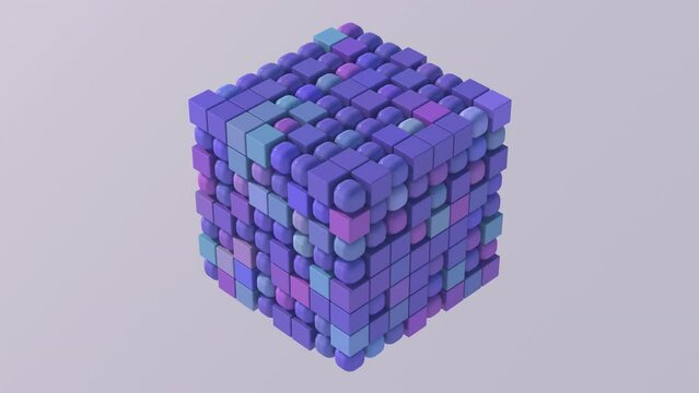 Group of blue and purple cubes and balls morphing. Abstract animation, 3d render.