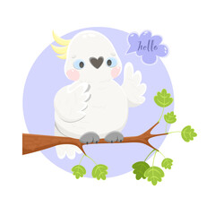 White cockatoo sits on a tree branch, flaps its wing and says hello! Cartoon parrot. Vector illustration.
