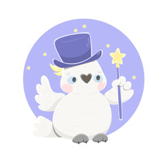 Parrot is a magician. The cockatoo is holding a magic wand. Vector illustration in cartoon style.